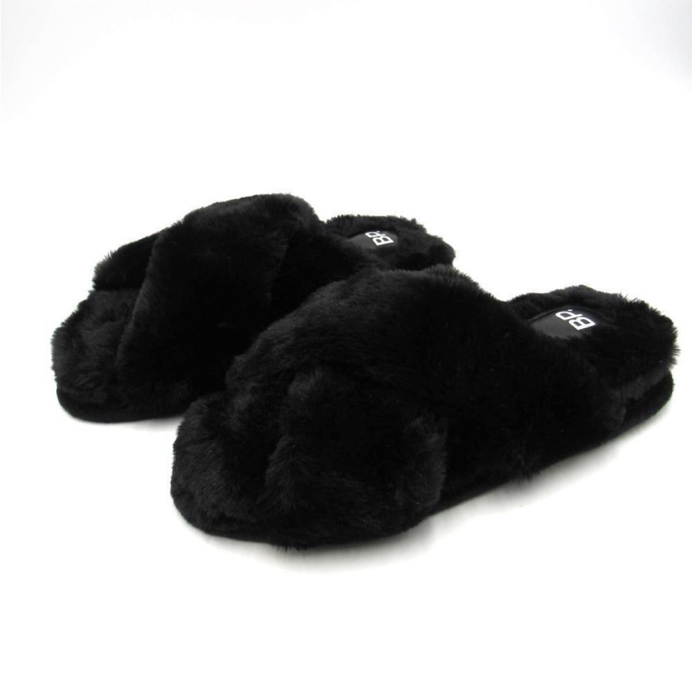 BP. Faux Fur Cross Band Slippers Black Size 8 Cozy Plush Slide Sandals